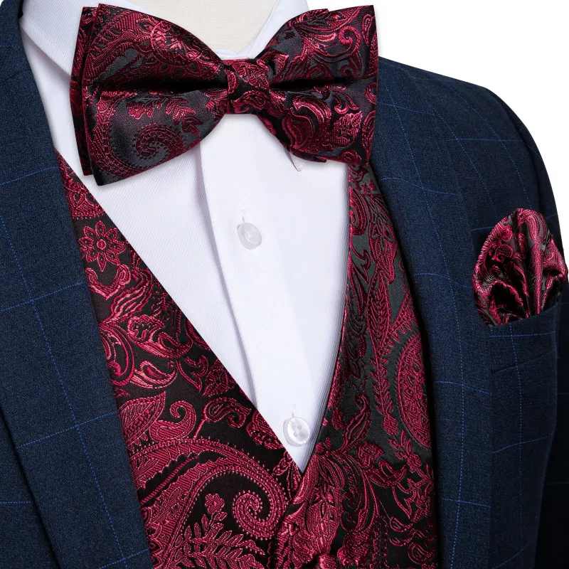 Ties2you Suit Vest Black Burgundy Paisley Silk Men's Vest Hanky Cufflinks Bow Tie Set sold by Ties2You