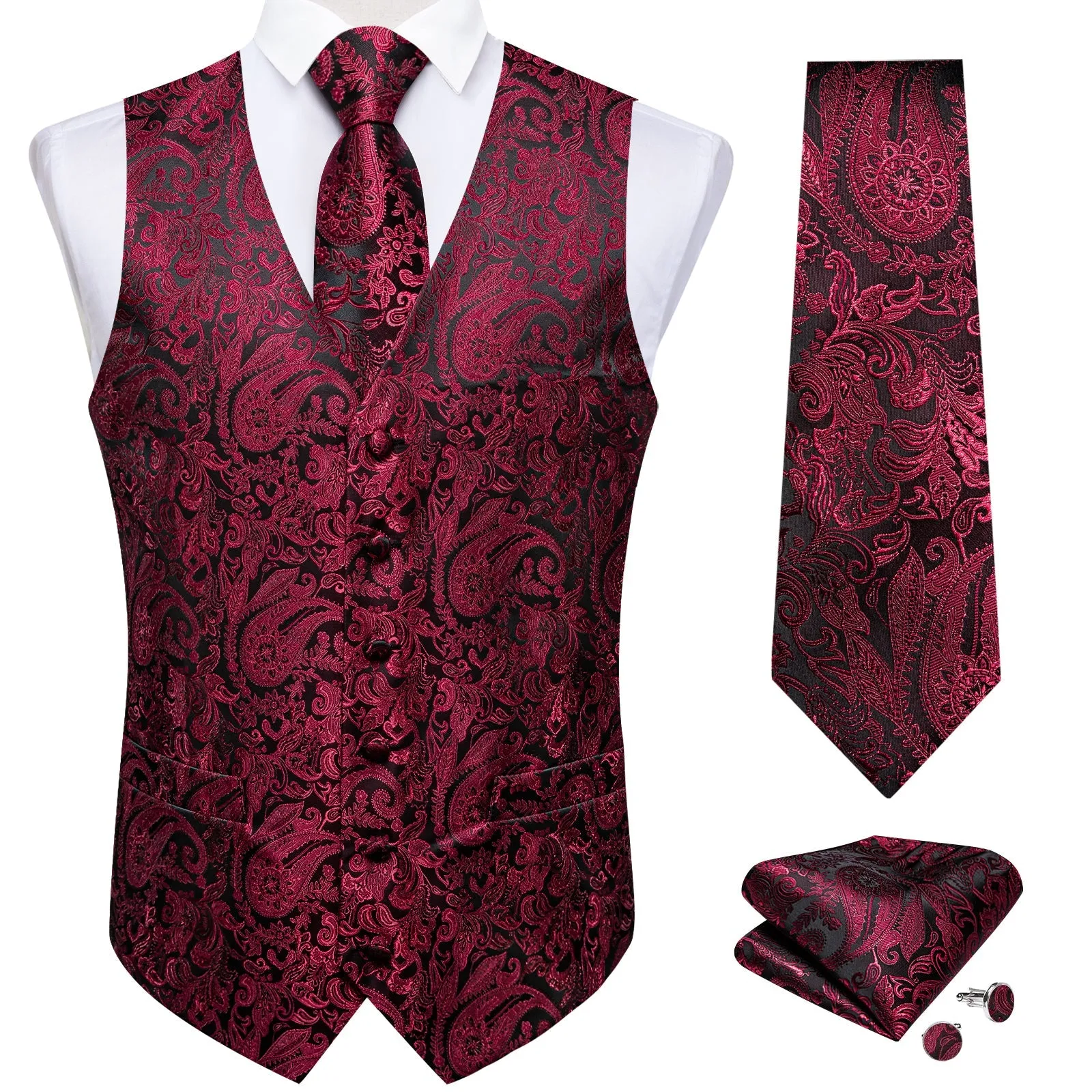Ties2you Wedding Vest Black Burgundy Red Paisley Vest For Men Men's Vest Tie Set sold by Ties2You product image thumbnail 3