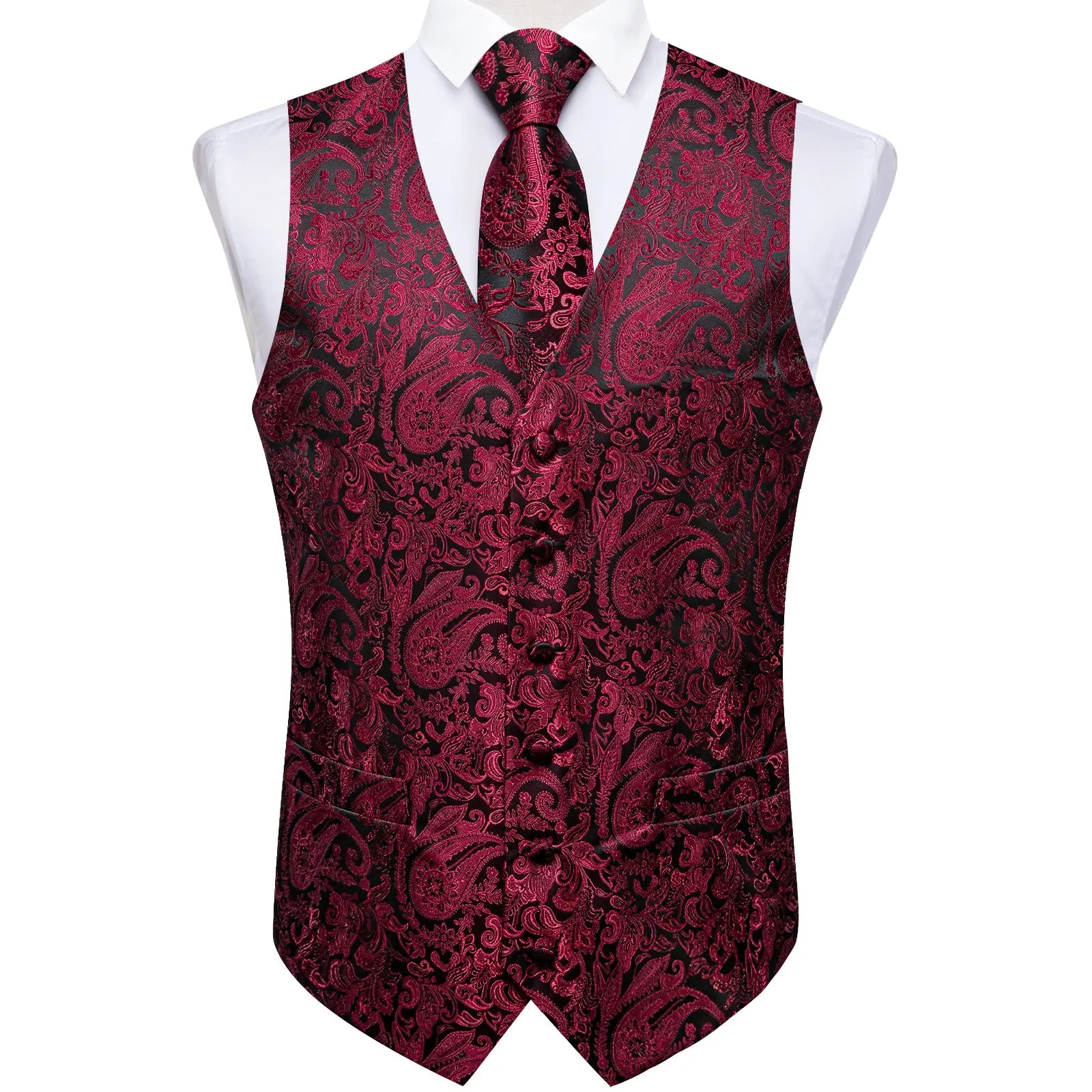 Ties2you Wedding Vest Black Burgundy Red Paisley Vest For Men Men's Vest Tie Set sold by Ties2You product image thumbnail 4