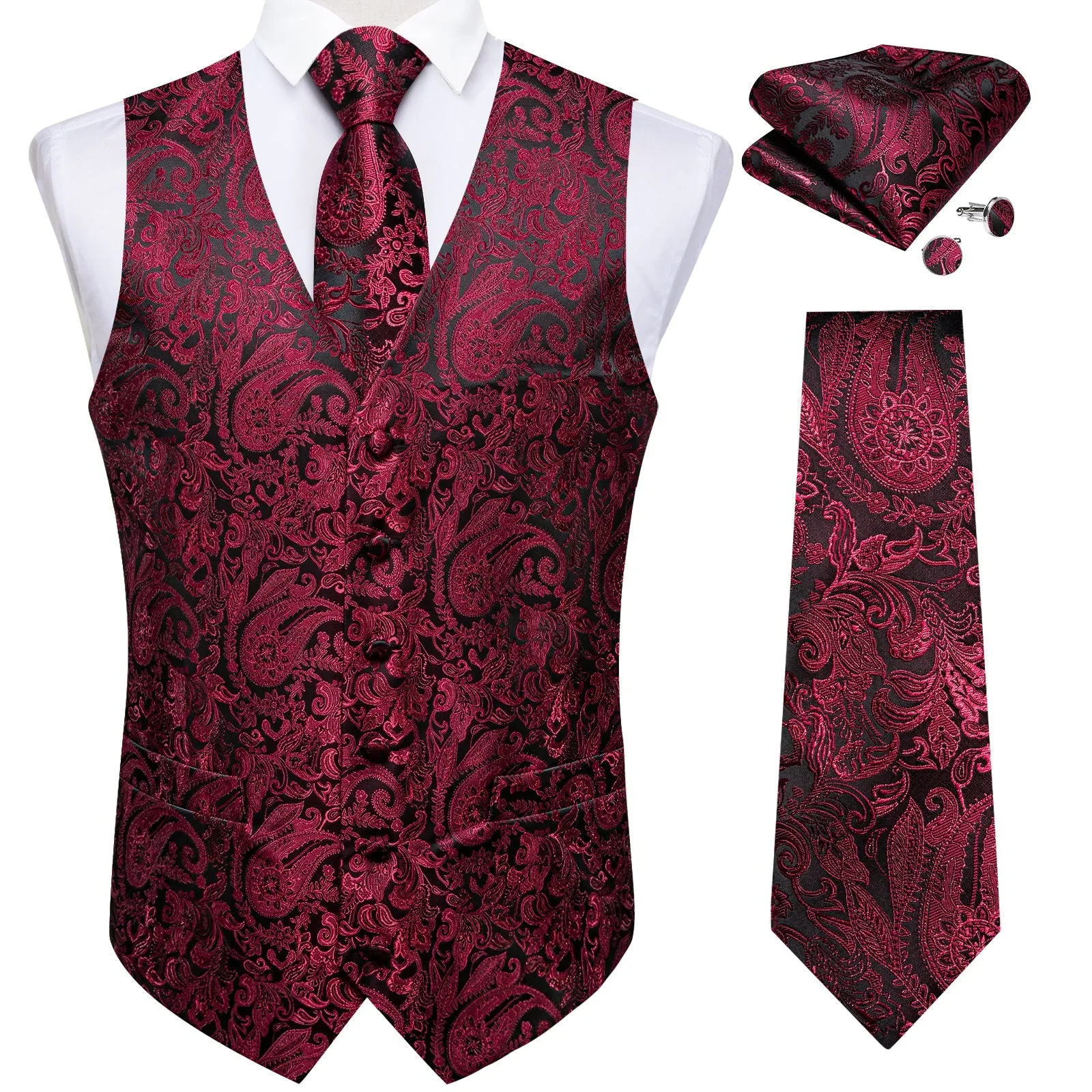 Ties2you Wedding Vest Black Burgundy Red Paisley Vest For Men Men's Vest Tie Set sold by Ties2You product image thumbnail 2