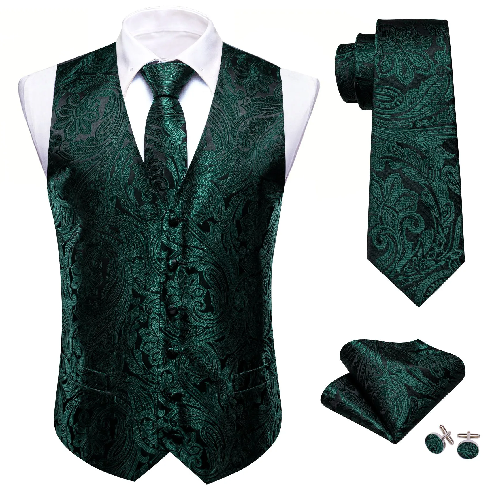 Black Emerald Green Paisley Silk Men's Vest Hanky Cufflinks Bow Tie Set sold by Ties2You product image thumbnail 5
