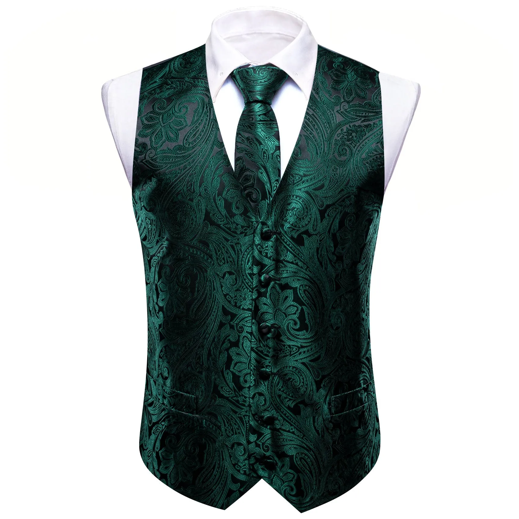Black Emerald Green Paisley Silk Men's Vest Hanky Cufflinks Bow Tie Set sold by Ties2You product image thumbnail 2