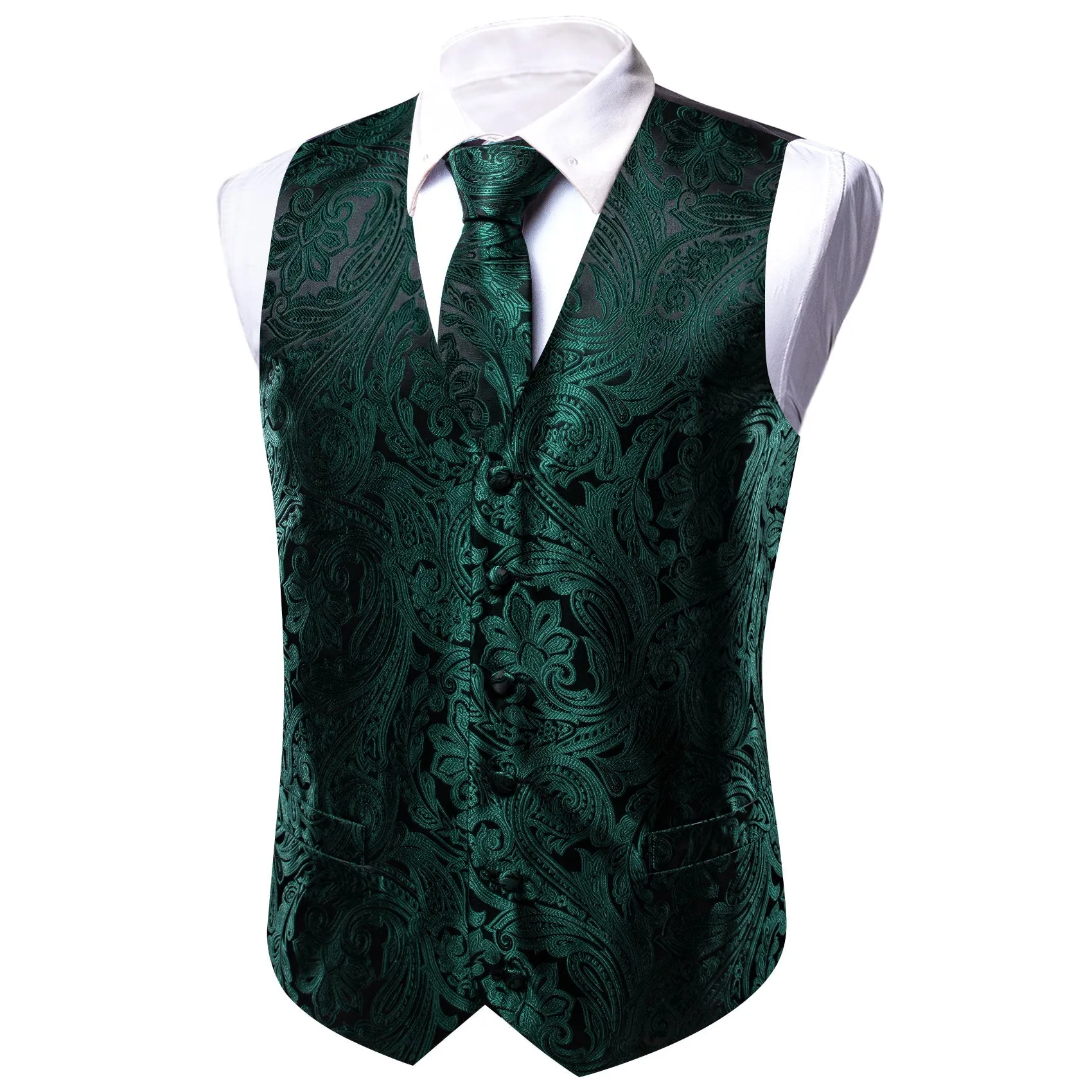 Black Emerald Green Paisley Silk Men's Vest Hanky Cufflinks Bow Tie Set sold by Ties2You product image thumbnail 3