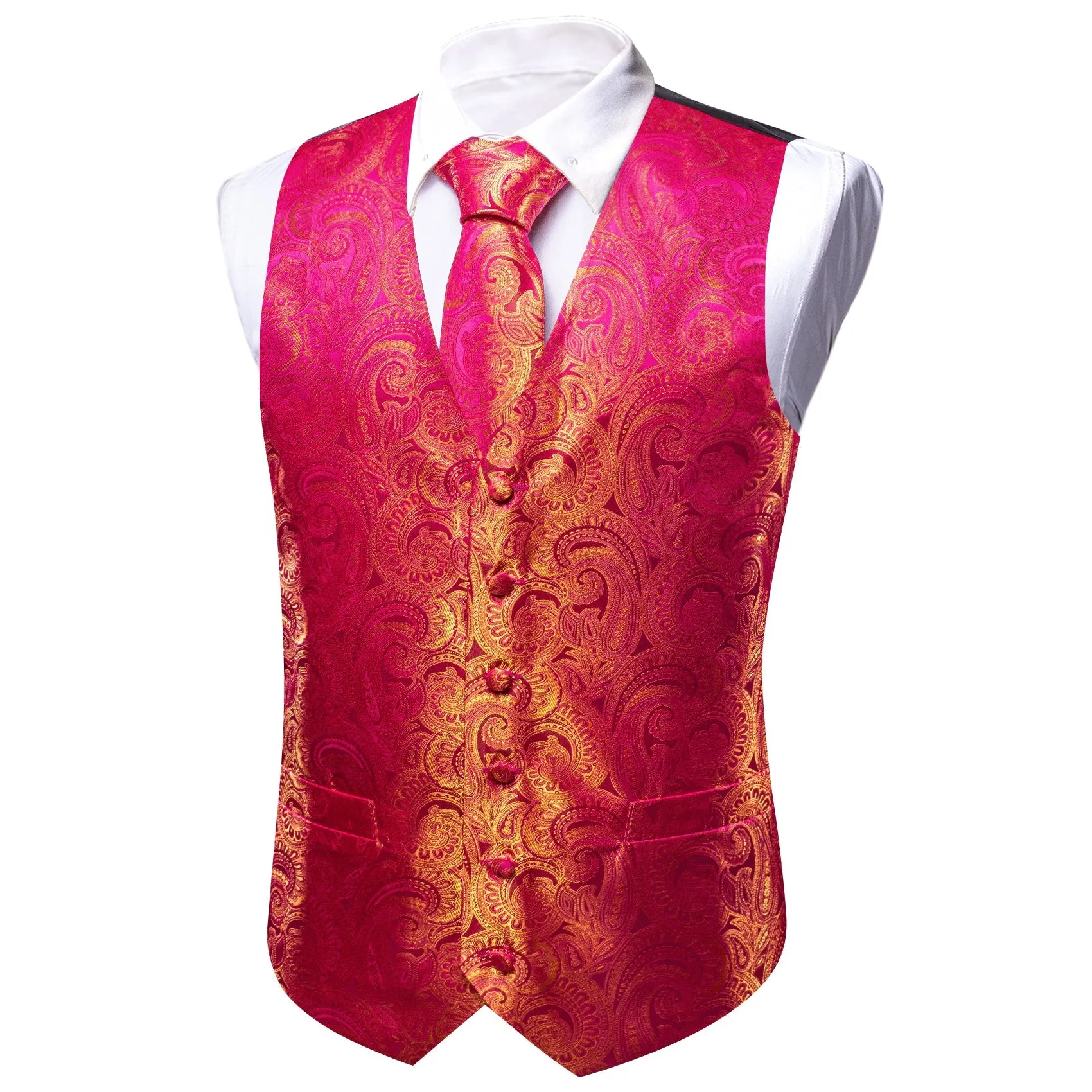 Pink Yellow Paisley Silk Men's Vest Hanky Cufflinks Bow Tie Set sold by Ties2You product image thumbnail 3