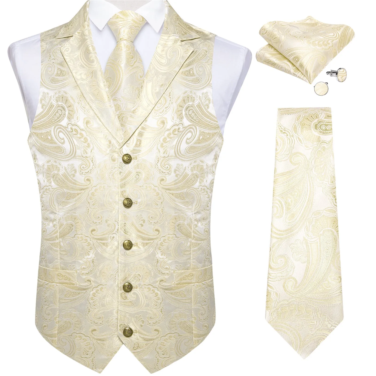 Ties2you Suit Vest Linen White Paisley Men's Notched Collar Vest Tie Hanky Cufflinks Set sold by Ties2You product image thumbnail 2