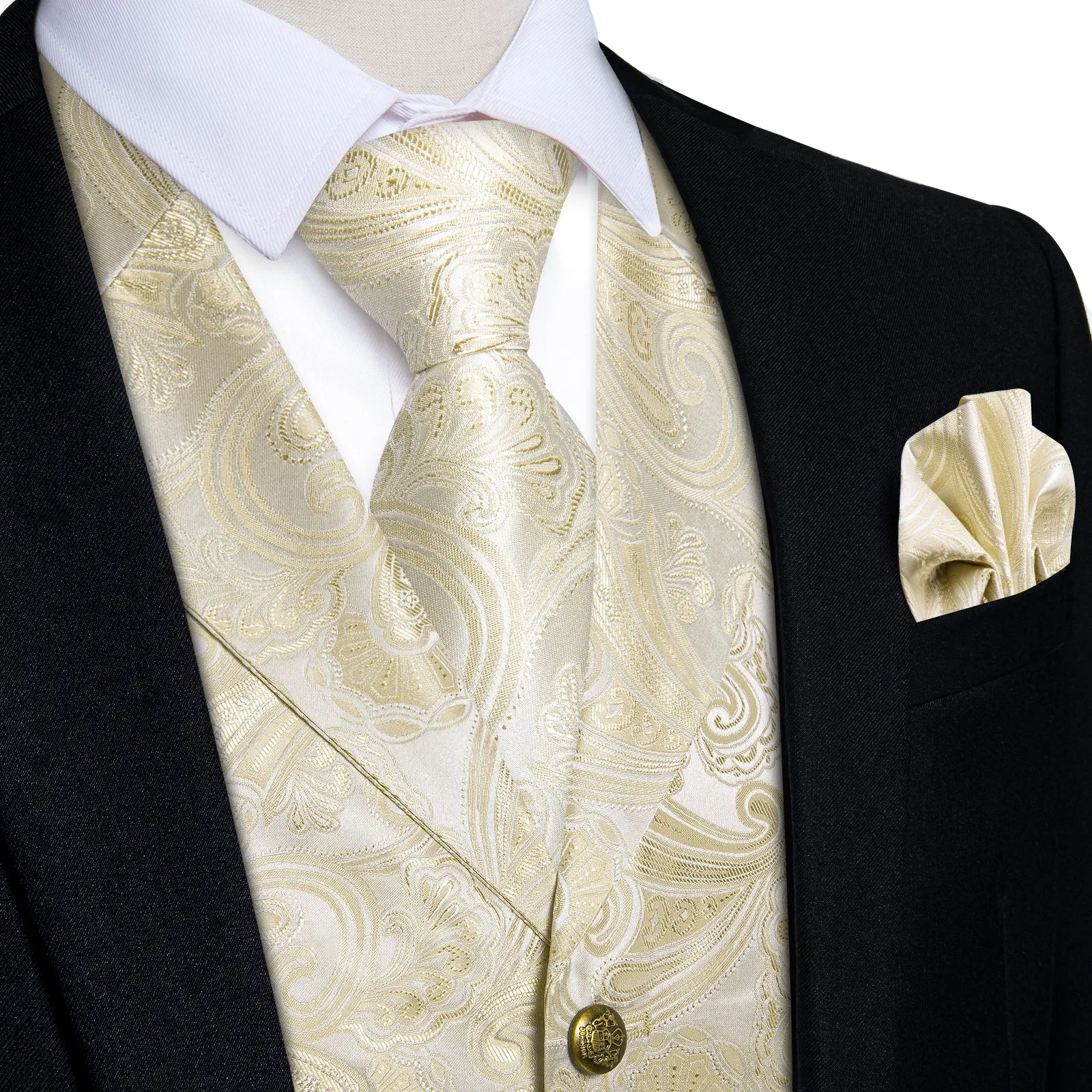 Ties2you Suit Vest Linen White Paisley Men's Notched Collar Vest Tie Hanky Cufflinks Set sold by Ties2You