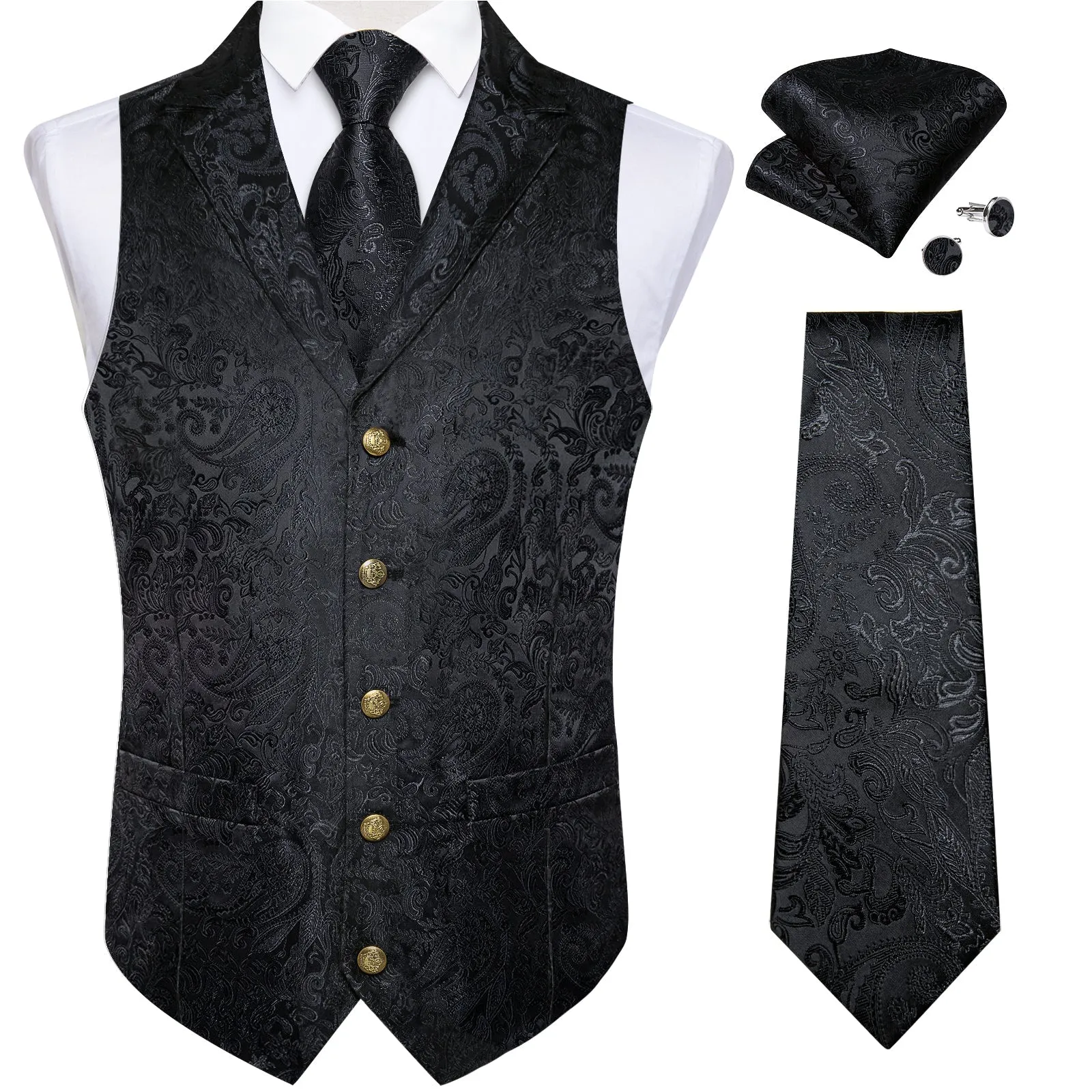 Black Paisley Men's Collar Vest Tie Hanky Cufflinks Set Waistcoat Suit Set sold by Ties2You product image thumbnail 2