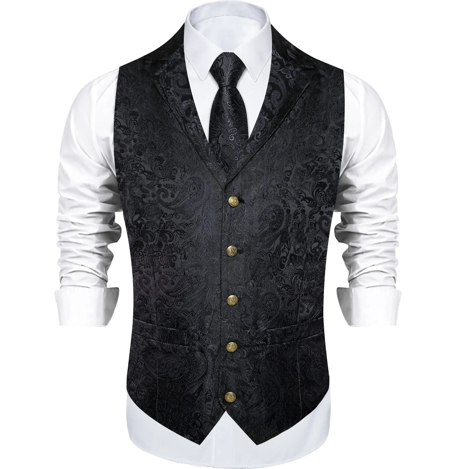 Black Paisley Men's Collar Vest Tie Hanky Cufflinks Set Waistcoat Suit Set sold by Ties2You product image thumbnail 3