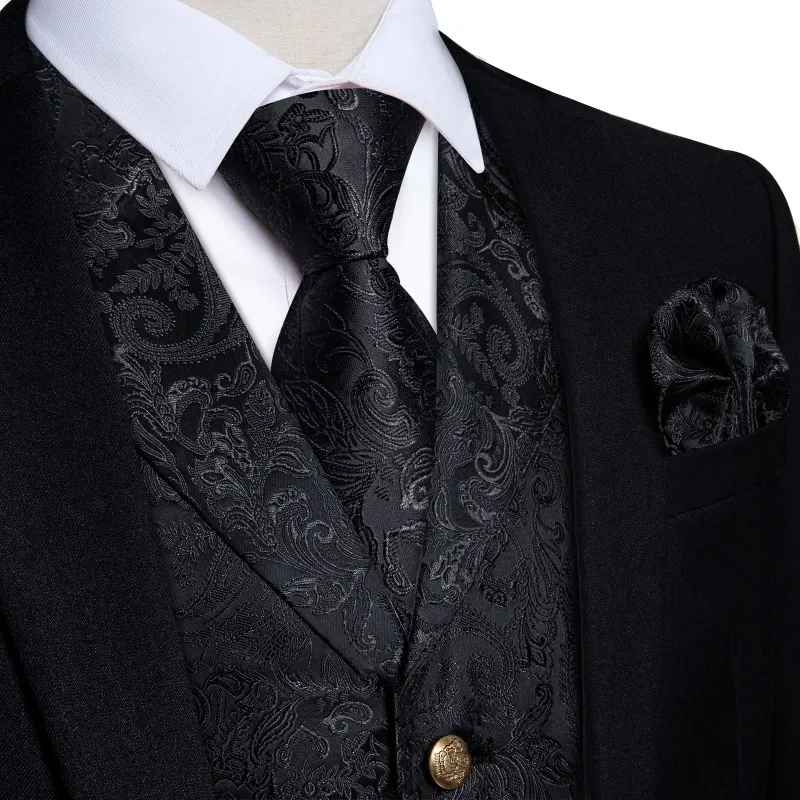 Black Paisley Men's Collar Vest Tie Hanky Cufflinks Set Waistcoat Suit Set sold by Ties2You