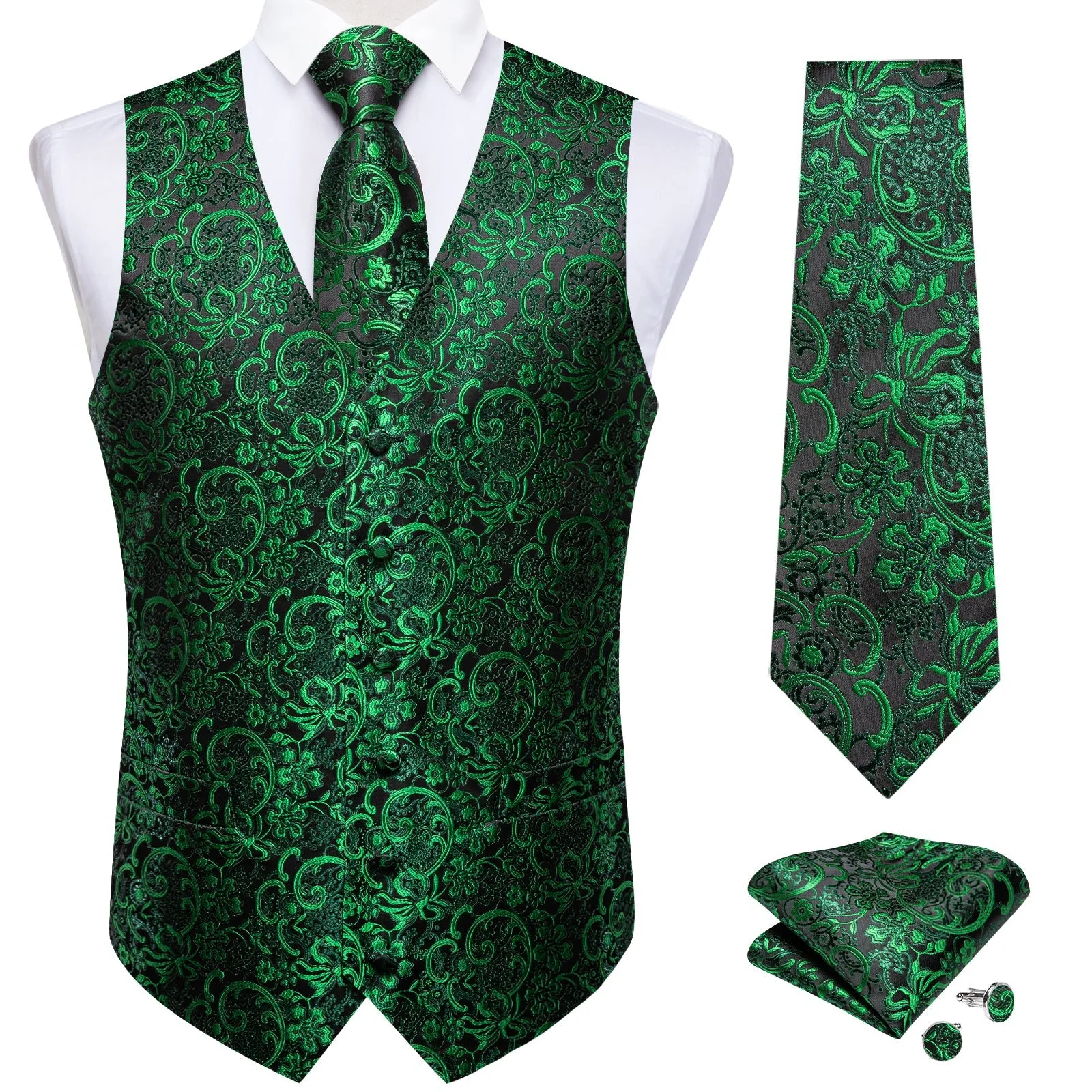 Black Green Vest for Men Floral Men's Vest Tie Set sold by Ties2You product image thumbnail 3