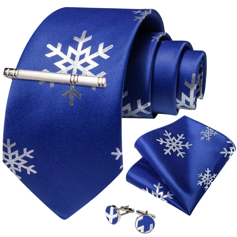 Blue Sliver SnowFlake Novelty Silk Men's Necktie Pocket Square Cufflinks Set with Clip sold by Ties2You