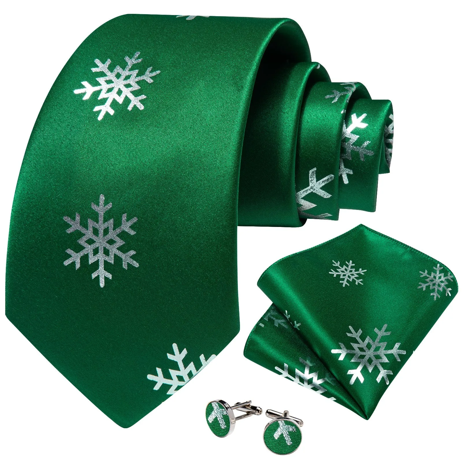 Green Sliver SnowFlake Novelty Silk Men's Necktie Pocket Square Cufflinks Set with Clip sold by Ties2You product image thumbnail 2