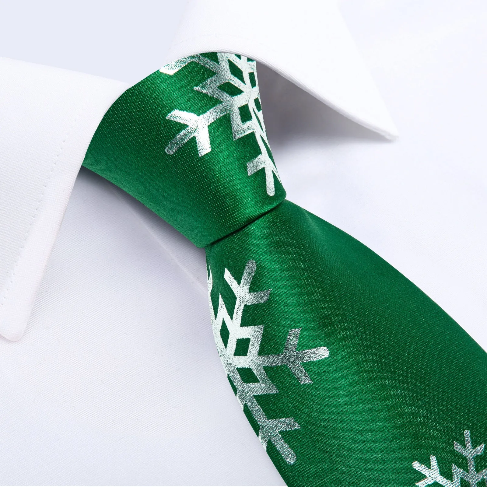 Green Sliver SnowFlake Novelty Silk Men's Necktie Pocket Square Cufflinks Set with Clip sold by Ties2You product image thumbnail 3