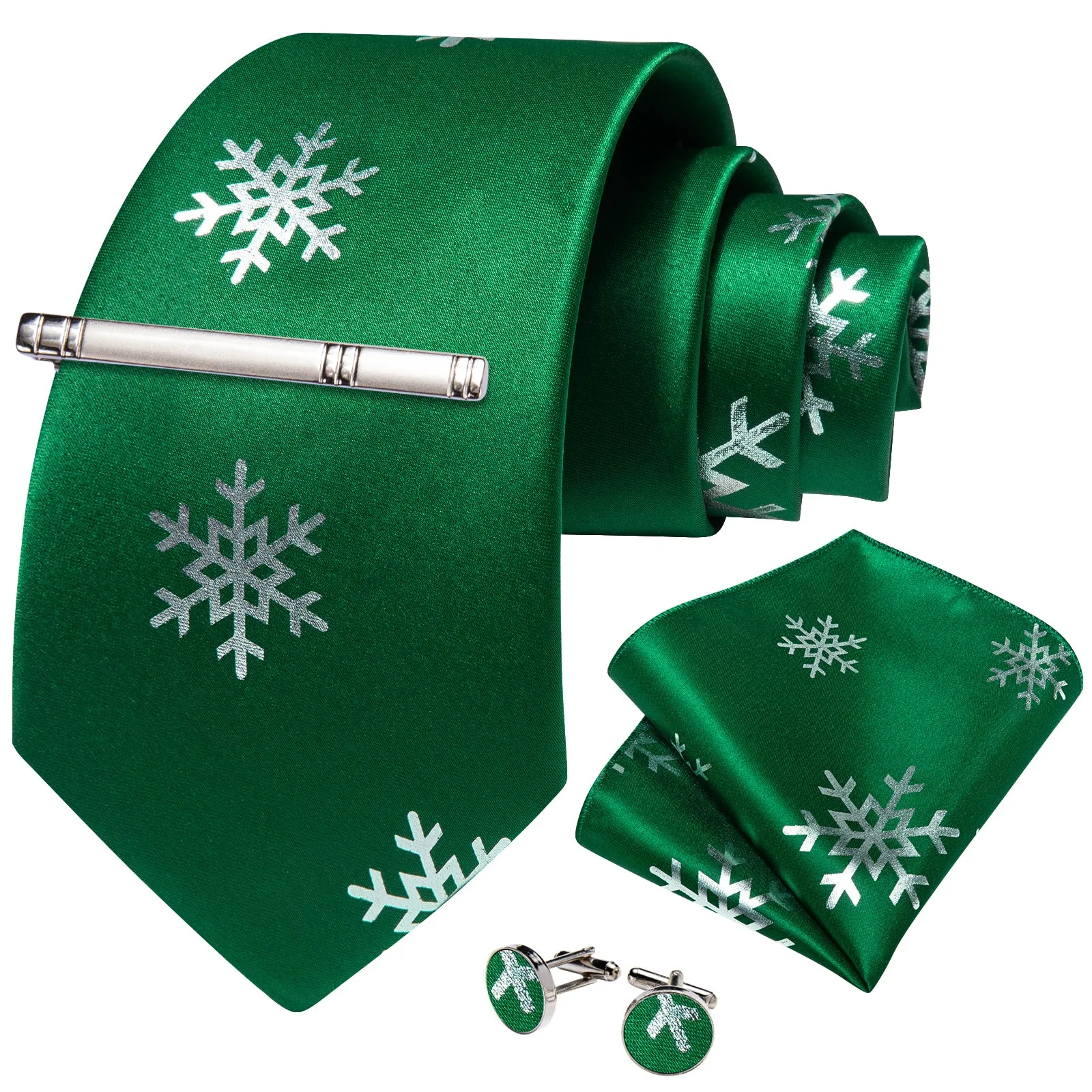 Green Sliver SnowFlake Novelty Silk Men's Necktie Pocket Square Cufflinks Set with Clip sold by Ties2You