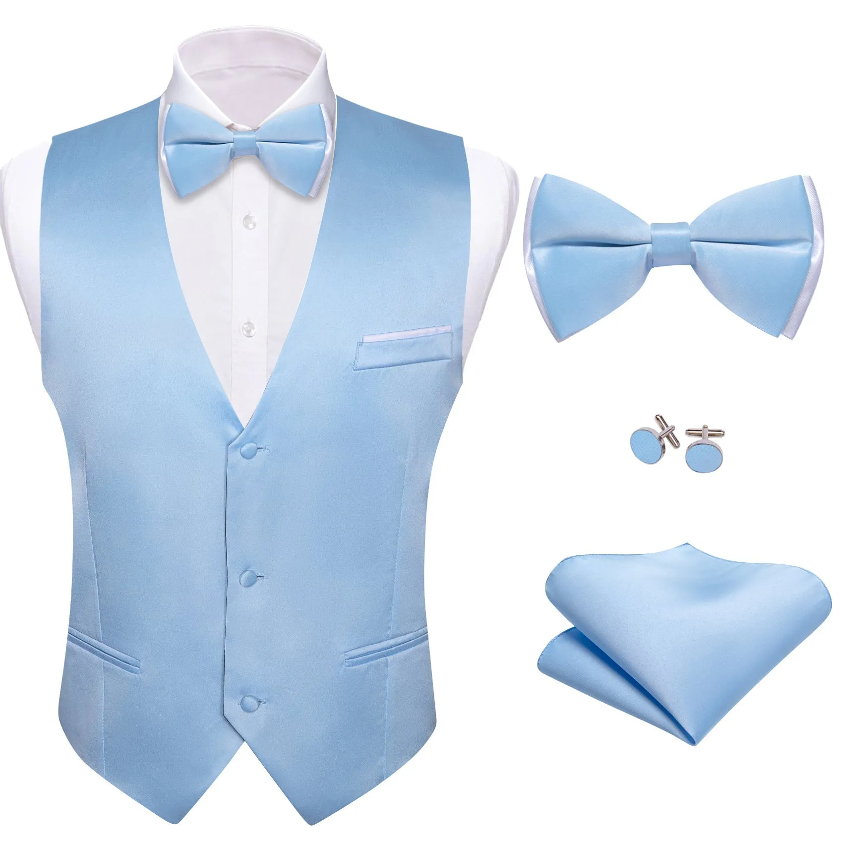 Sky Blue Solid Silk Men's Vest Bow Tie Set Waistcoat Suit Set sold by Ties2You product image thumbnail 2