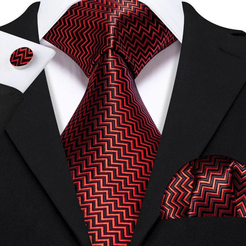 Black Red Geometric Men's Necktie Pocket Square Cufflinks Set sold by Ties2You