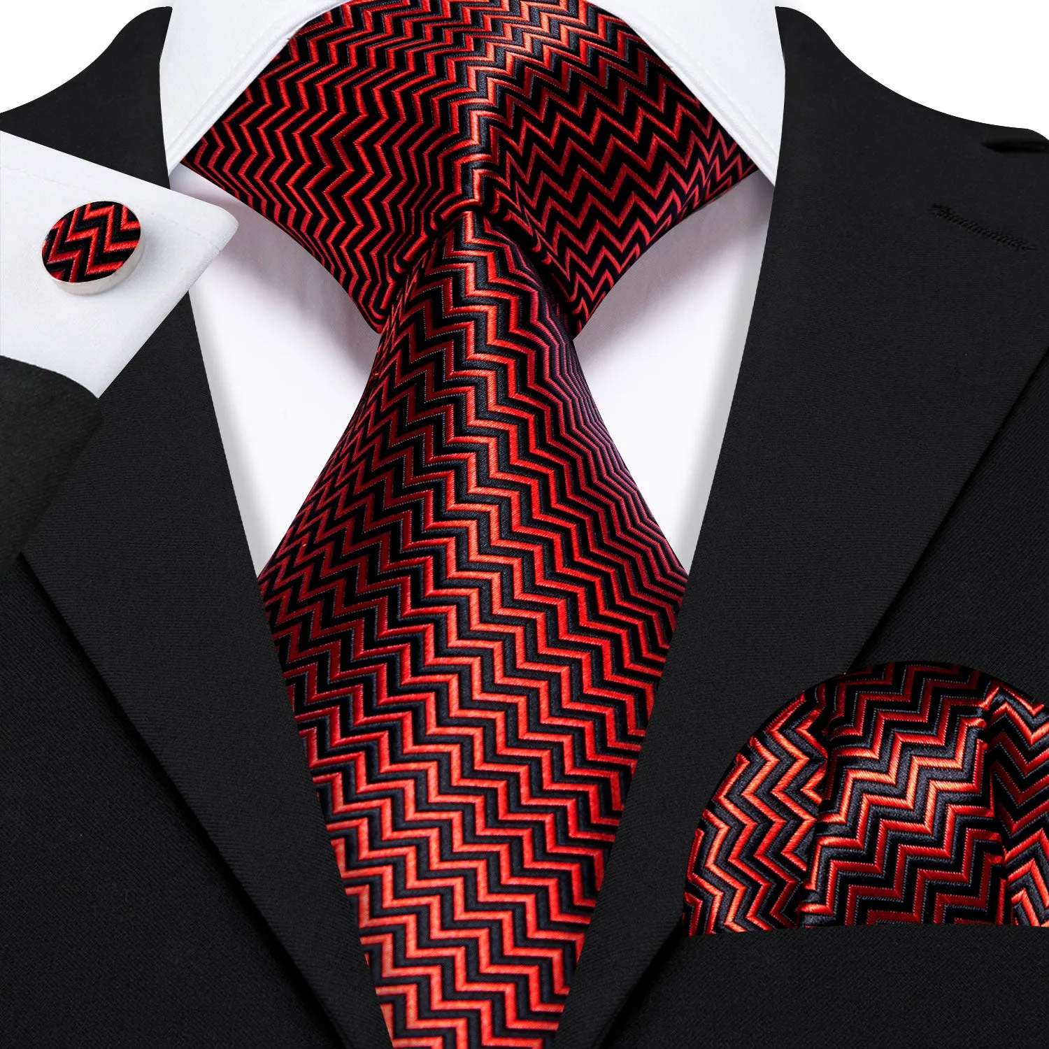 Black Red Geometric Men's Necktie Pocket Square Cufflinks Set sold by Ties2You