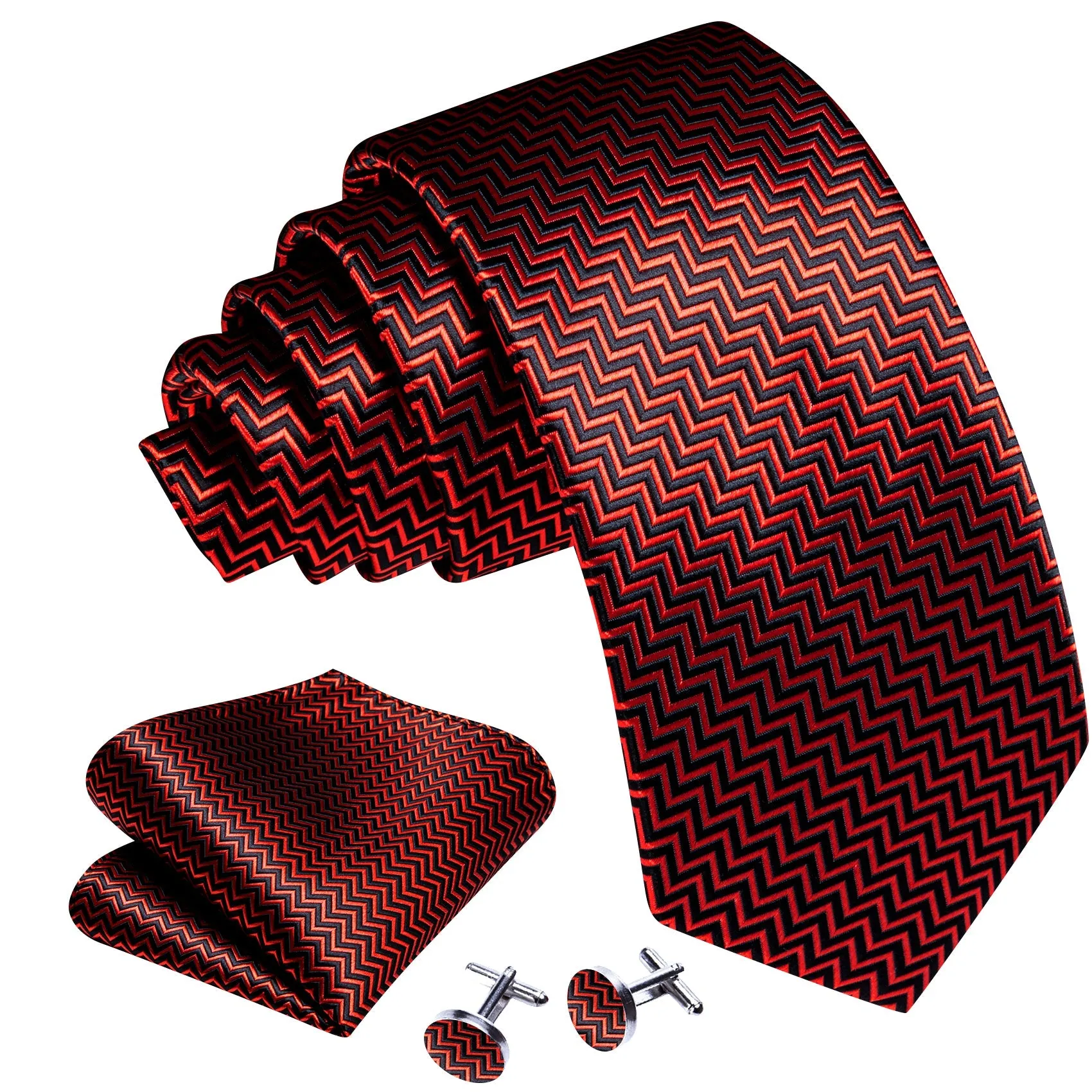 Black Red Geometric Men's Necktie Pocket Square Cufflinks Set sold by Ties2You product image thumbnail 2