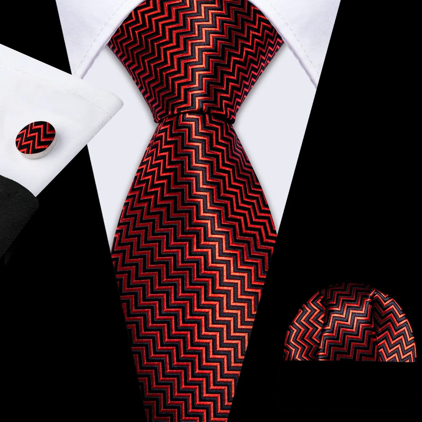 Black Red Geometric Men's Necktie Pocket Square Cufflinks Set sold by Ties2You product image thumbnail 3