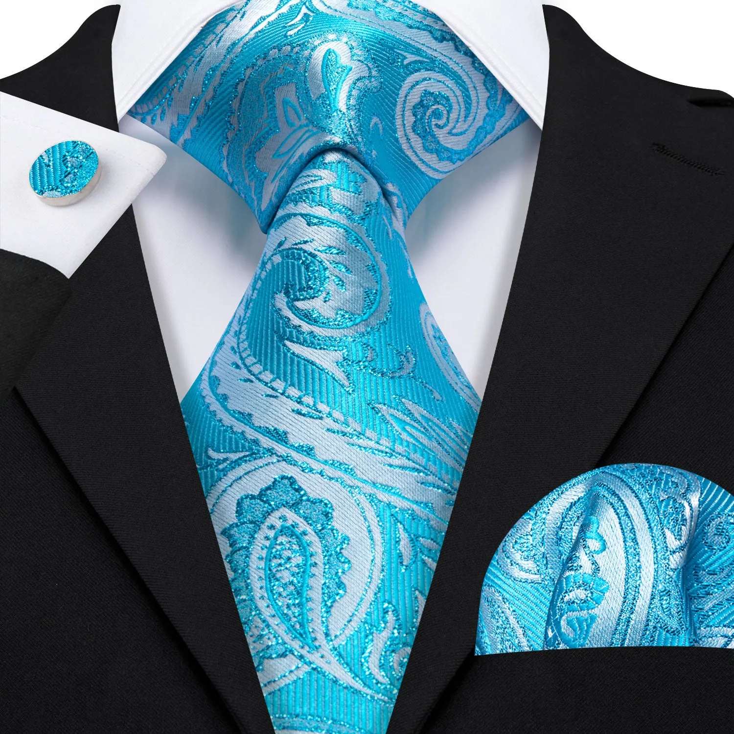 Cerulean Paisley Men's Necktie Pocket Square Cufflinks Set sold by Ties2You