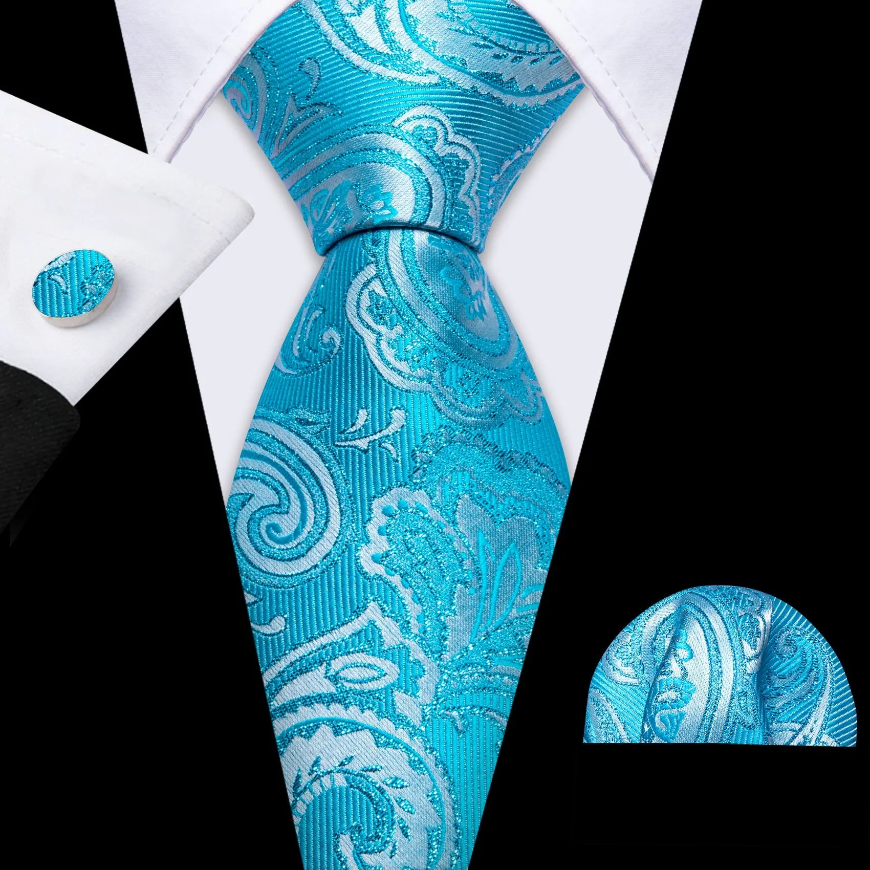 Cerulean Paisley Men's Necktie Pocket Square Cufflinks Set sold by Ties2You product image thumbnail 3