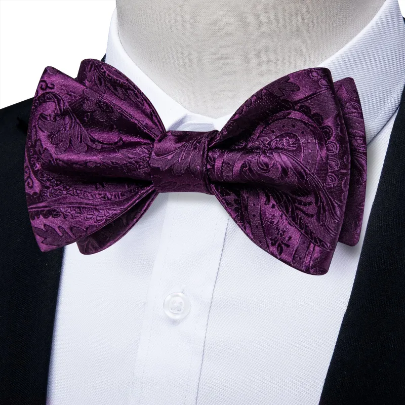 Ties2you Purple Tie Dark Magenta Floral Self-Tied Bow Tie Pocket Square Cufflinks Set sold by Ties2You