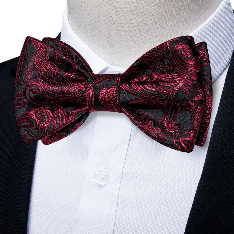 Black Burgundy Red Floral Self-tied Bow Tie Pocket Square Cufflinks Set sold by Ties2You