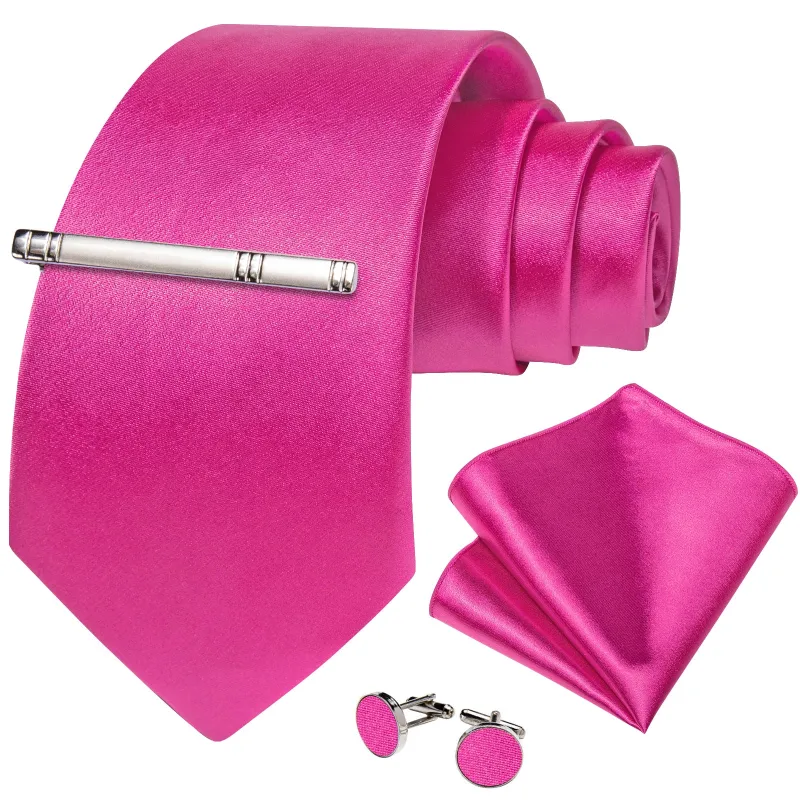 DeepPink Solid Silk Men's Necktie Pocket Square Cufflinks Set with Clip sold by Ties 2 You