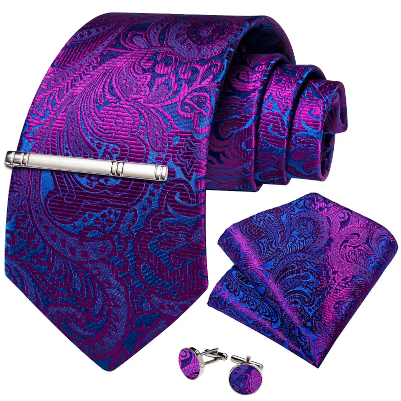 Blue Purple Floral Silk Men's Necktie Pocket Square Cufflinks Set with Clip sold by Ties2You