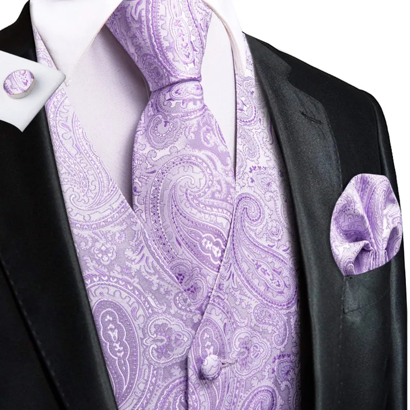 Plum Paisley Jacquard Silk Men's Vest Hanky Cufflinks Tie Set sold by Ties2You