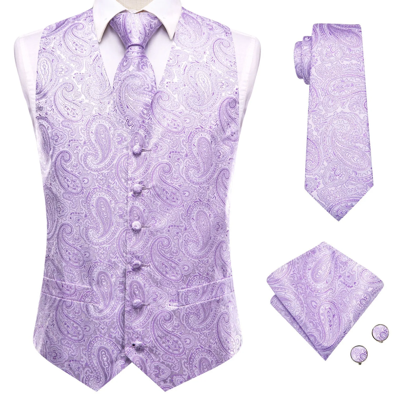 Plum Paisley Jacquard Silk Men's Vest Hanky Cufflinks Tie Set sold by Ties2You product image thumbnail 5