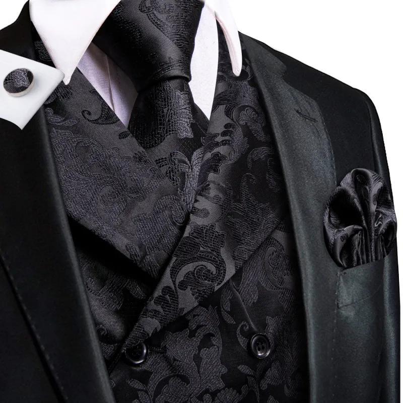 Ties2you Black Double Breasted Suit Vest Paisley Formal Waistcoat Tie Hanky Cufflinks Set sold by Ties2You