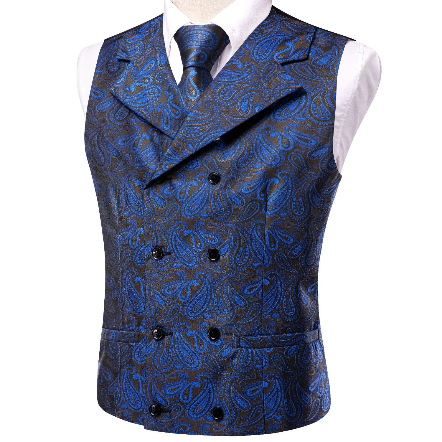 Ties2you Suit Vest Blue Paisley Silk Men's Notched Collar Vest Tie Hanky Cufflinks Set sold by Ties2You product image thumbnail 3