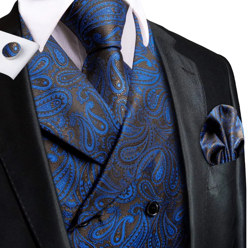 Ties2you Suit Vest Blue Paisley Silk Men's Notched Collar Vest Tie Hanky Cufflinks Set sold by Ties2You