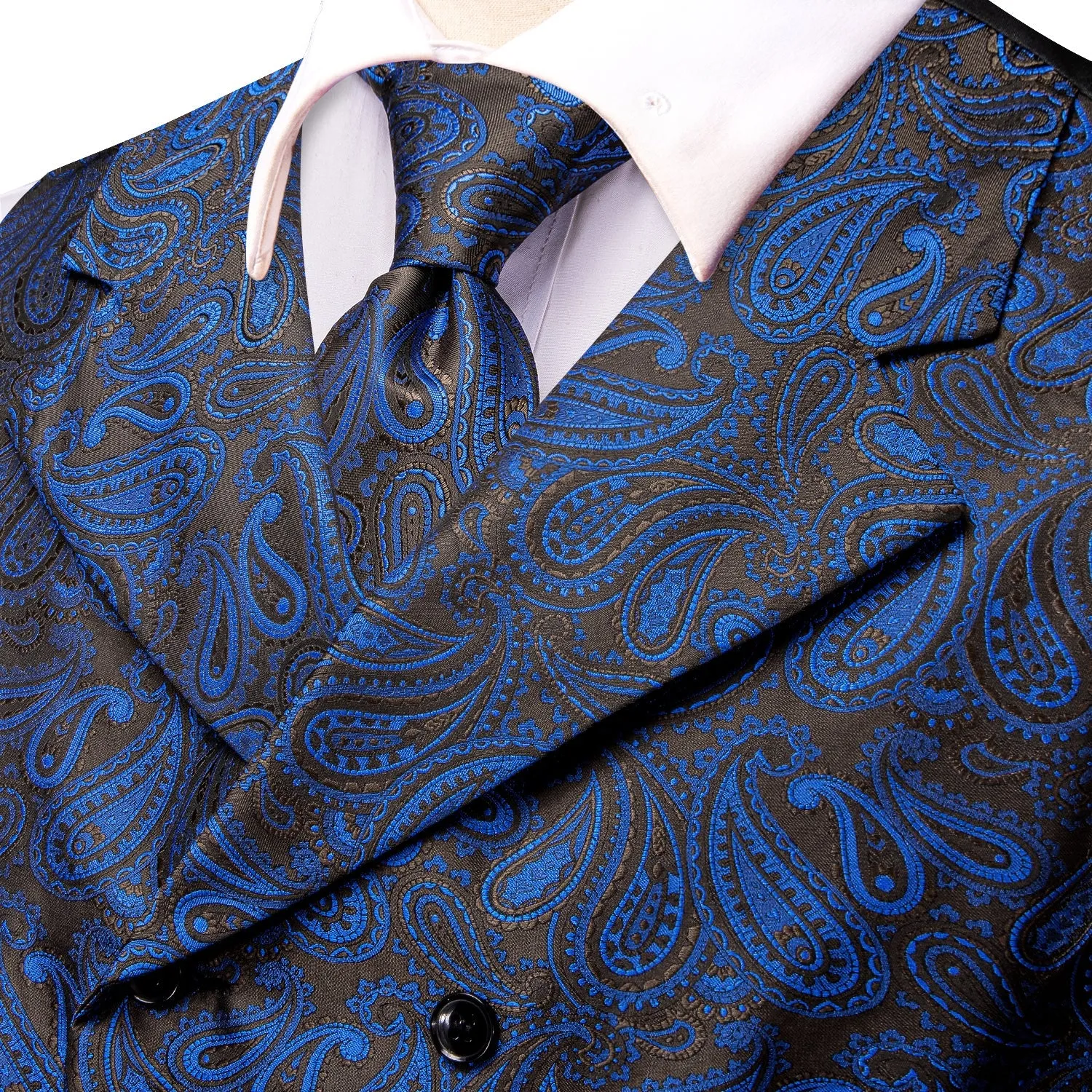 Ties2you Suit Vest Blue Paisley Silk Men's Notched Collar Vest Tie Hanky Cufflinks Set sold by Ties2You product image thumbnail 4