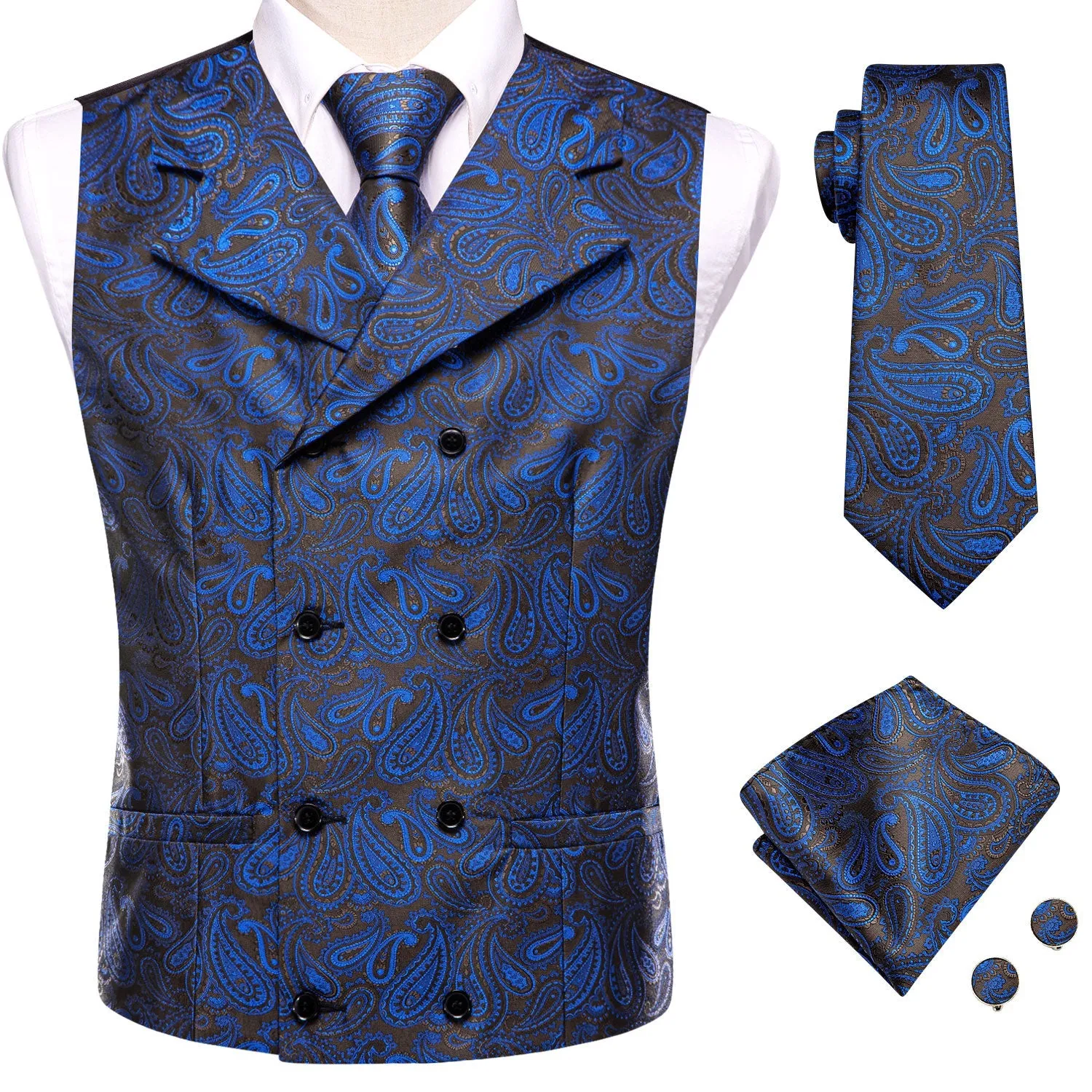 Ties2you Suit Vest Blue Paisley Silk Men's Notched Collar Vest Tie Hanky Cufflinks Set sold by Ties2You product image thumbnail 5