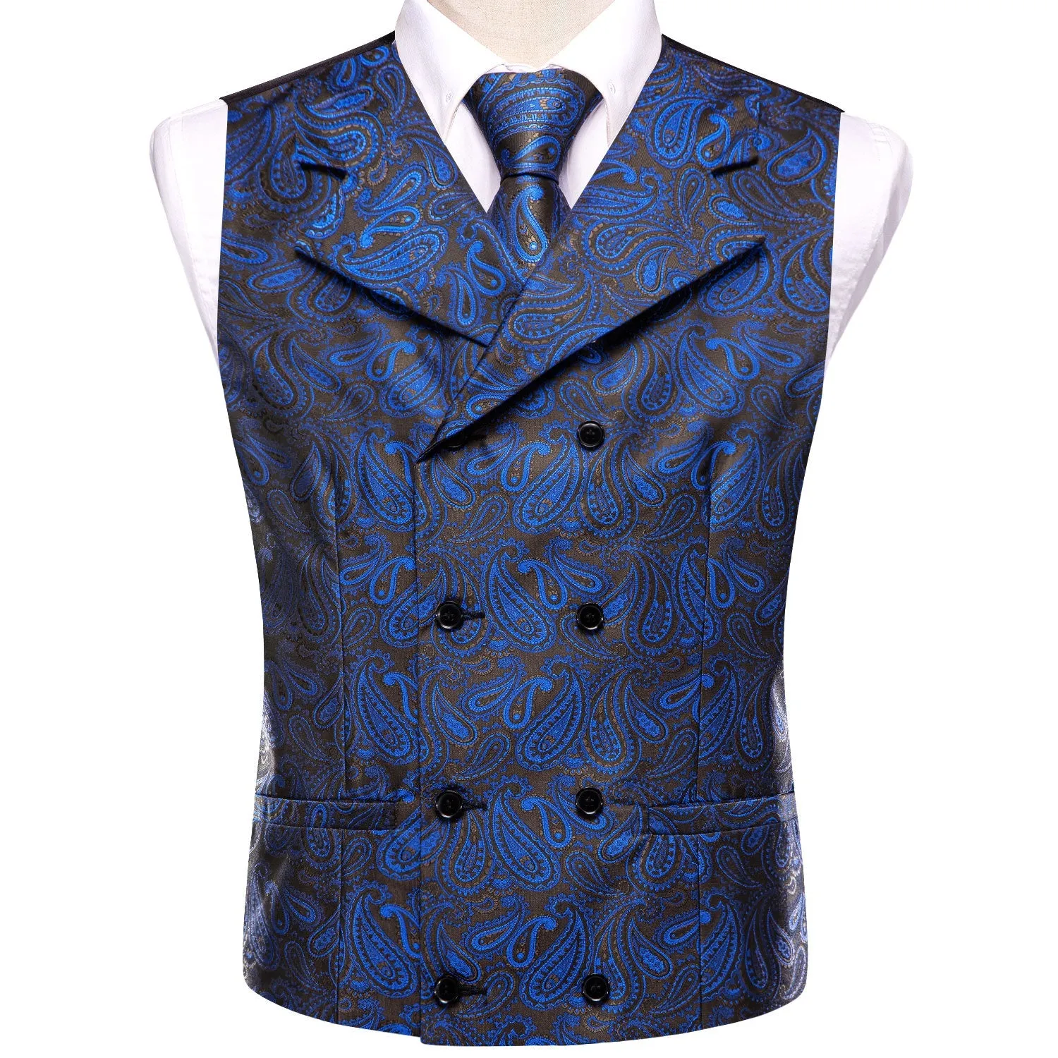 Ties2you Suit Vest Blue Paisley Silk Men's Notched Collar Vest Tie Hanky Cufflinks Set sold by Ties2You product image thumbnail 2