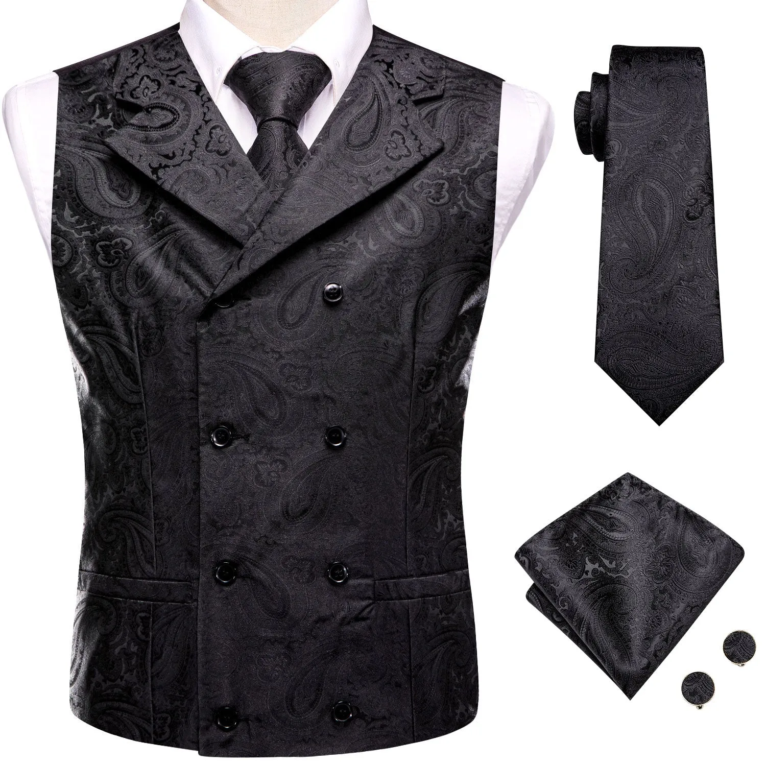 Ties2you Black Double Breasted Suit Vest Paisley Formal Waistcoat Tie Hanky Cufflinks Set sold by Ties2You product image thumbnail 5