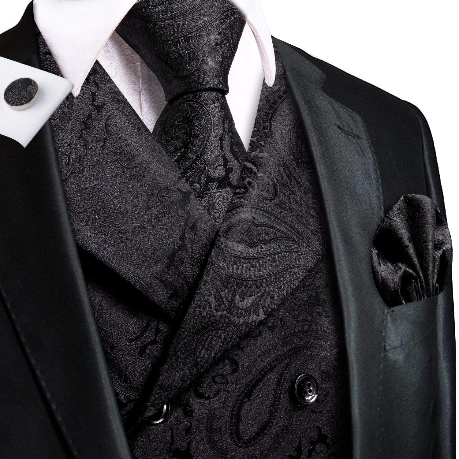 Ties2you Black Double Breasted Suit Vest Paisley Formal Waistcoat Tie Hanky Cufflinks Set sold by Ties2You