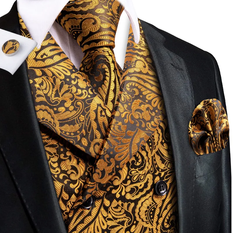 GoldEnrod Black Paisley Jacquard Silk Men's Vest Hanky Cufflinks Tie Set sold by Ties2You