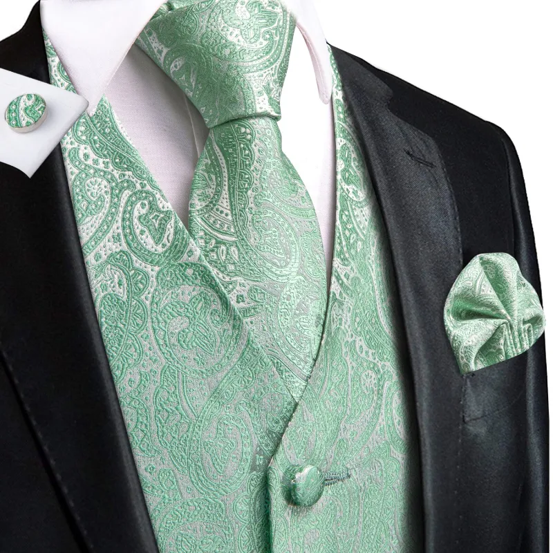 Ties2you Mens Mint Green Suit Vest Paisley Jacquard Formal Vest Tie Hanky Cufflinks Set sold by Ties2You