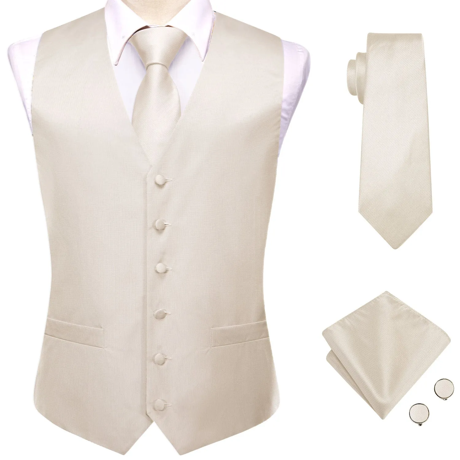 Cream White Plaid Jacquard Silk Men's Vest Hanky Cufflinks Tie Set sold by Ties2You product image thumbnail 4