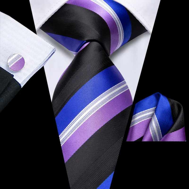 Black Purple Blue Striped Men's Necktie Hanky Cufflinks Set sold by Ties2You