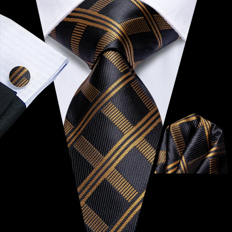 Black Golden Striped Men's Necktie Hanky Cufflinks Set sold by Ties2You