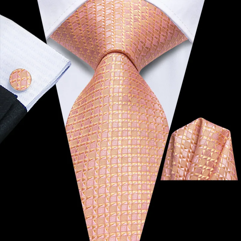 Orange Pink Geometric Men's Necktie Hanky Cufflinks Set sold by Ties2You