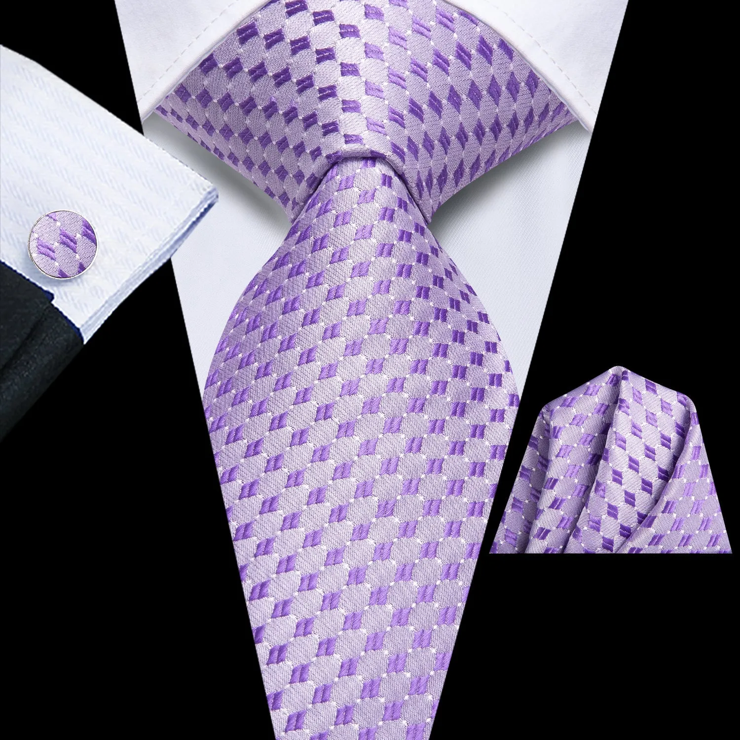 Plum Geometric Men's Necktie Hanky Cufflinks Set sold by Ties2You