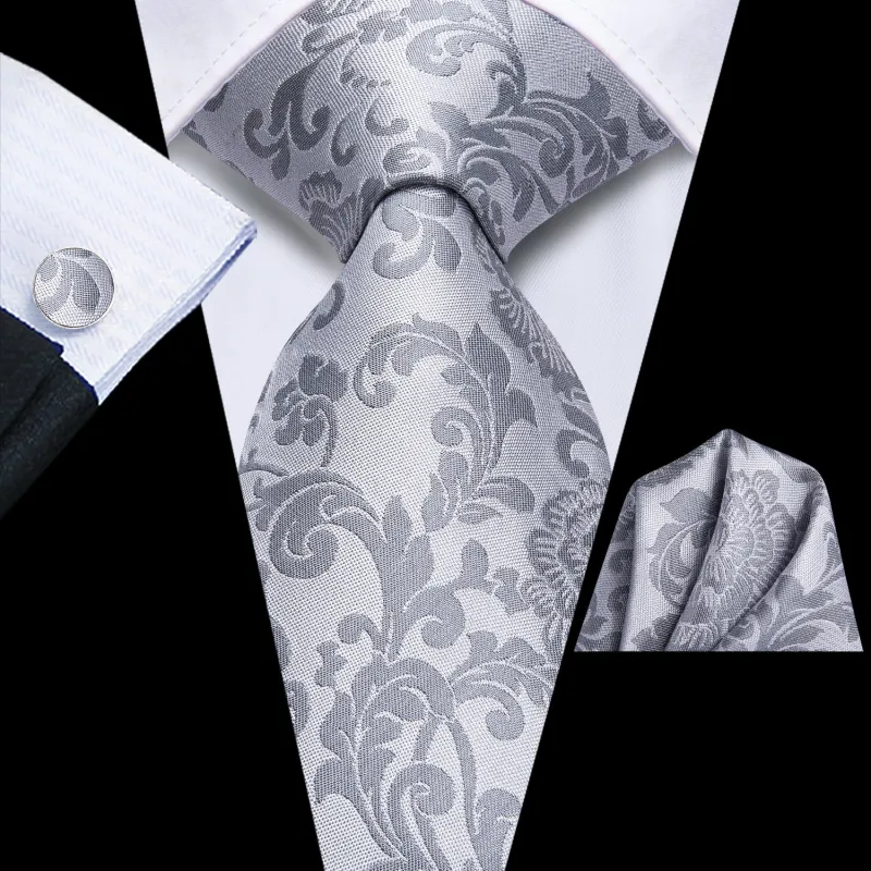 Sliver Grey Floral Men's Necktie Hanky Cufflinks Set sold by Ties2You