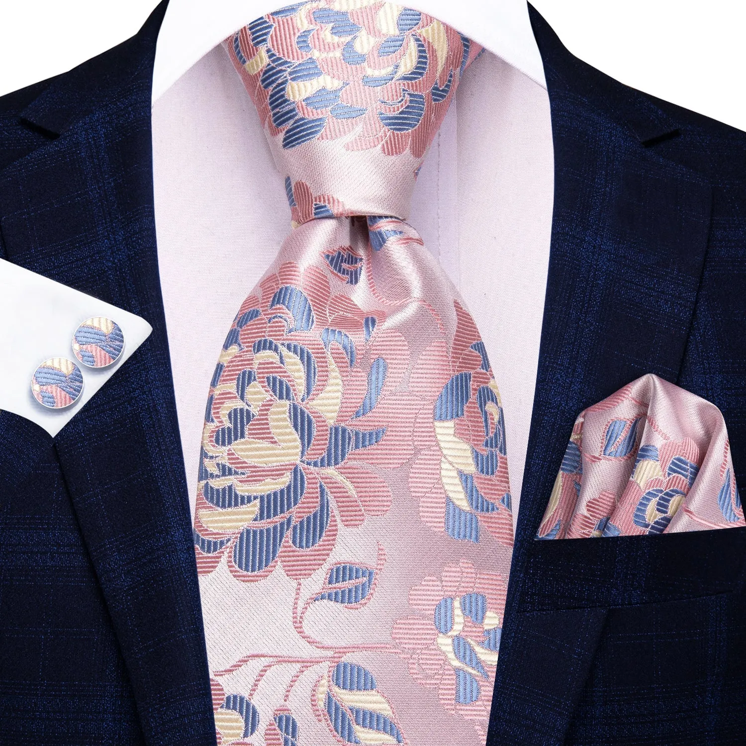 Pink Blue Floral Men's Necktie Hanky Cufflinks Set sold by Ties2You product image thumbnail 2