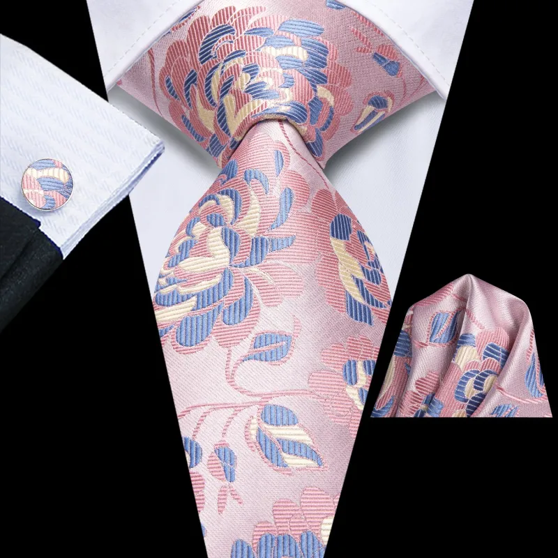 Pink Blue Floral Men's Necktie Hanky Cufflinks Set sold by Ties2You