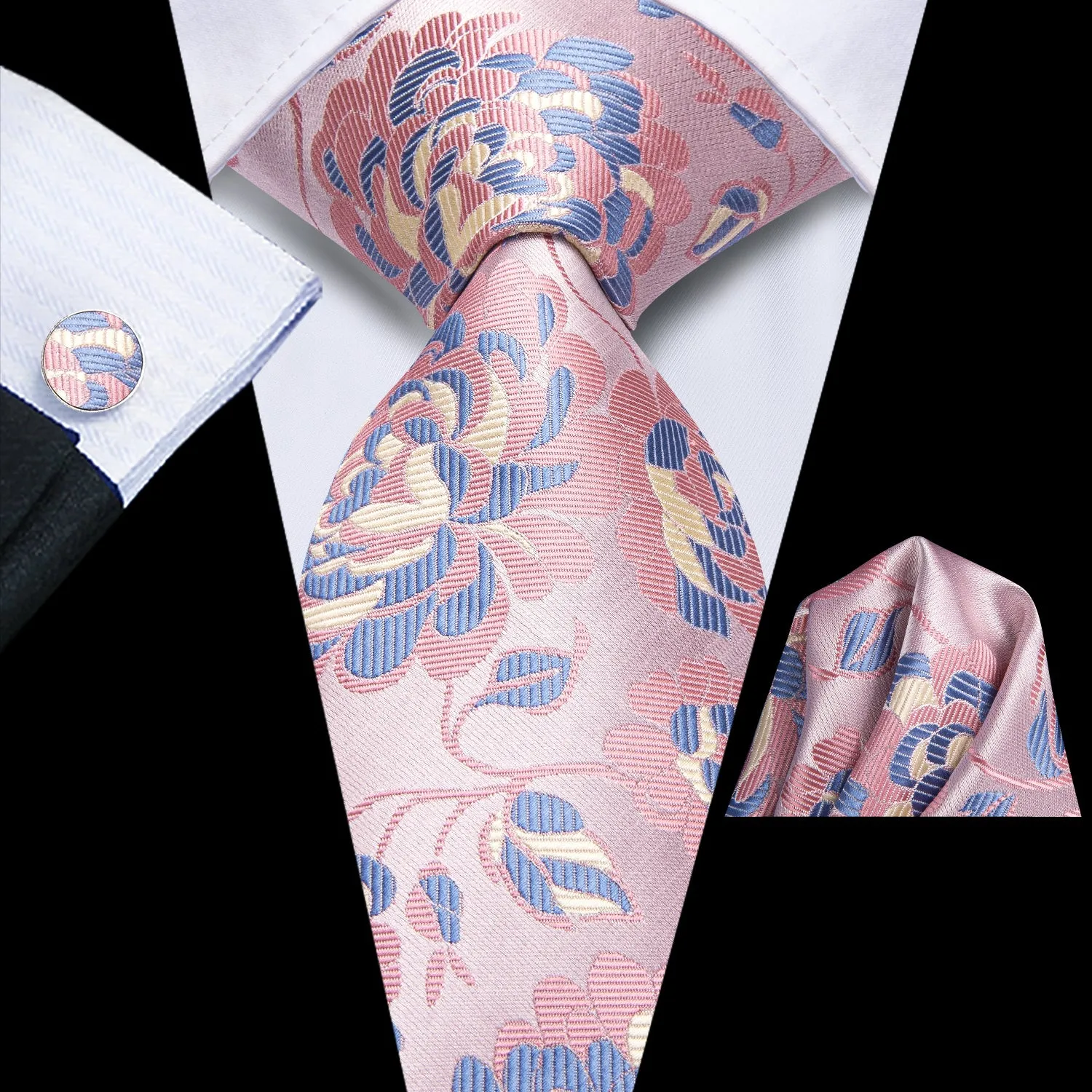 Pink Blue Floral Men's Necktie Hanky Cufflinks Set sold by Ties2You